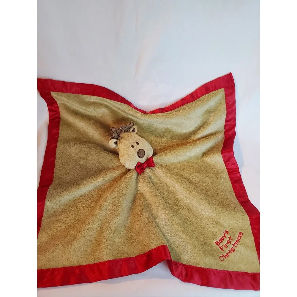 Baby Reindeer Security Blanket Lovey First Christmas Embroidered Plush Red Satin